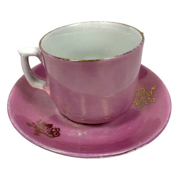Antique Germany Pink Molded Lusterware Cups & Saucers Star Set 6 Vintage Ornate - Picture 4 of 15